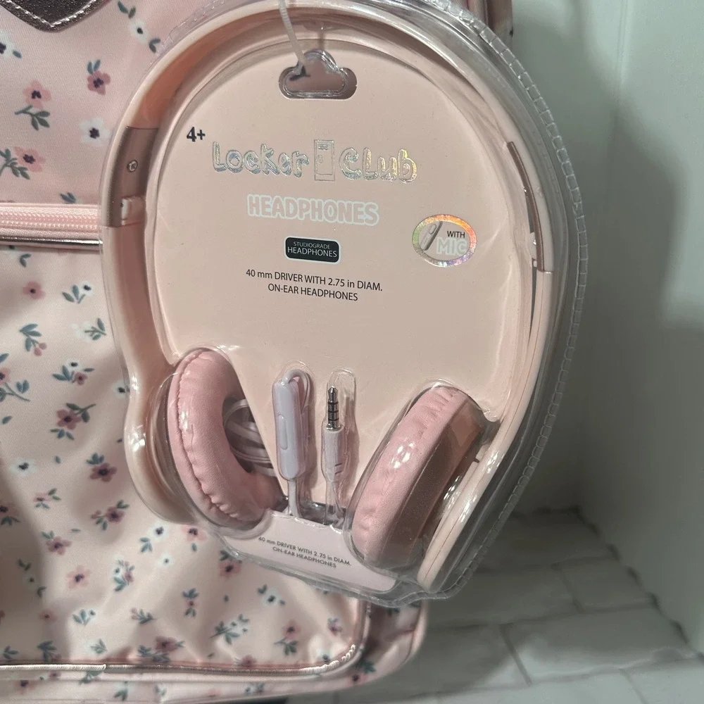 Locker Club Pink Floral Backpack Headphones and Pencil Case 3‎ Piece Set New